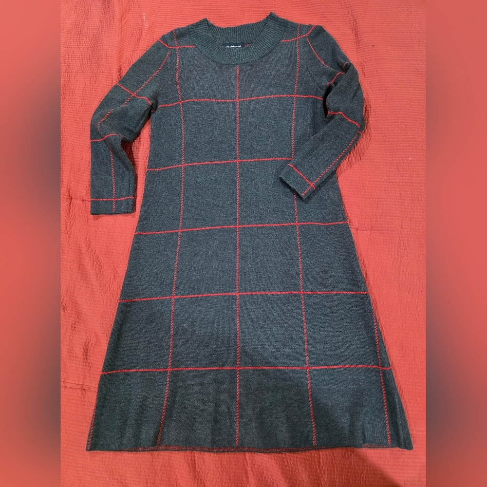 Liz Claiborne Gray Dress with Red Grid Pattern